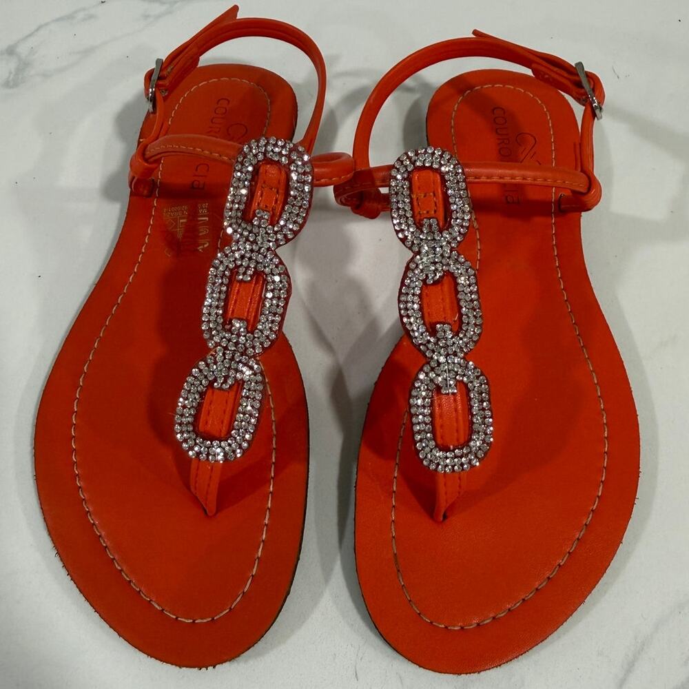 Couro e Cia Orange Rhinestone T-Strap Sandals Brazil Women's 6 EU 37 Glam Resort